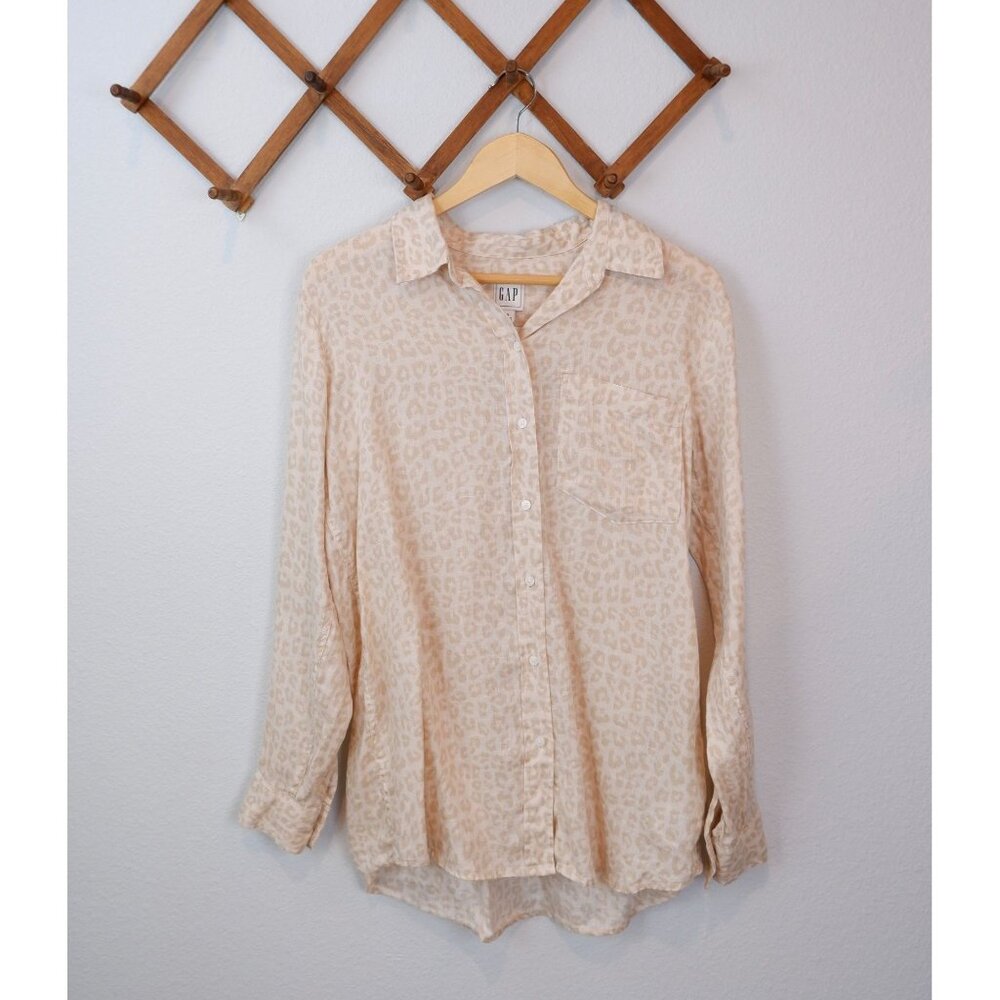 GAP Womens Linen Tan Animal Print Button Down Collared Shirt, small